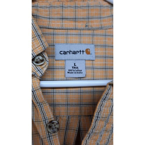 Carhartt Large Mens Yellow Plaid Short Sleeve Pockets Cotton Button Down Shirt - Picture 3 of 7